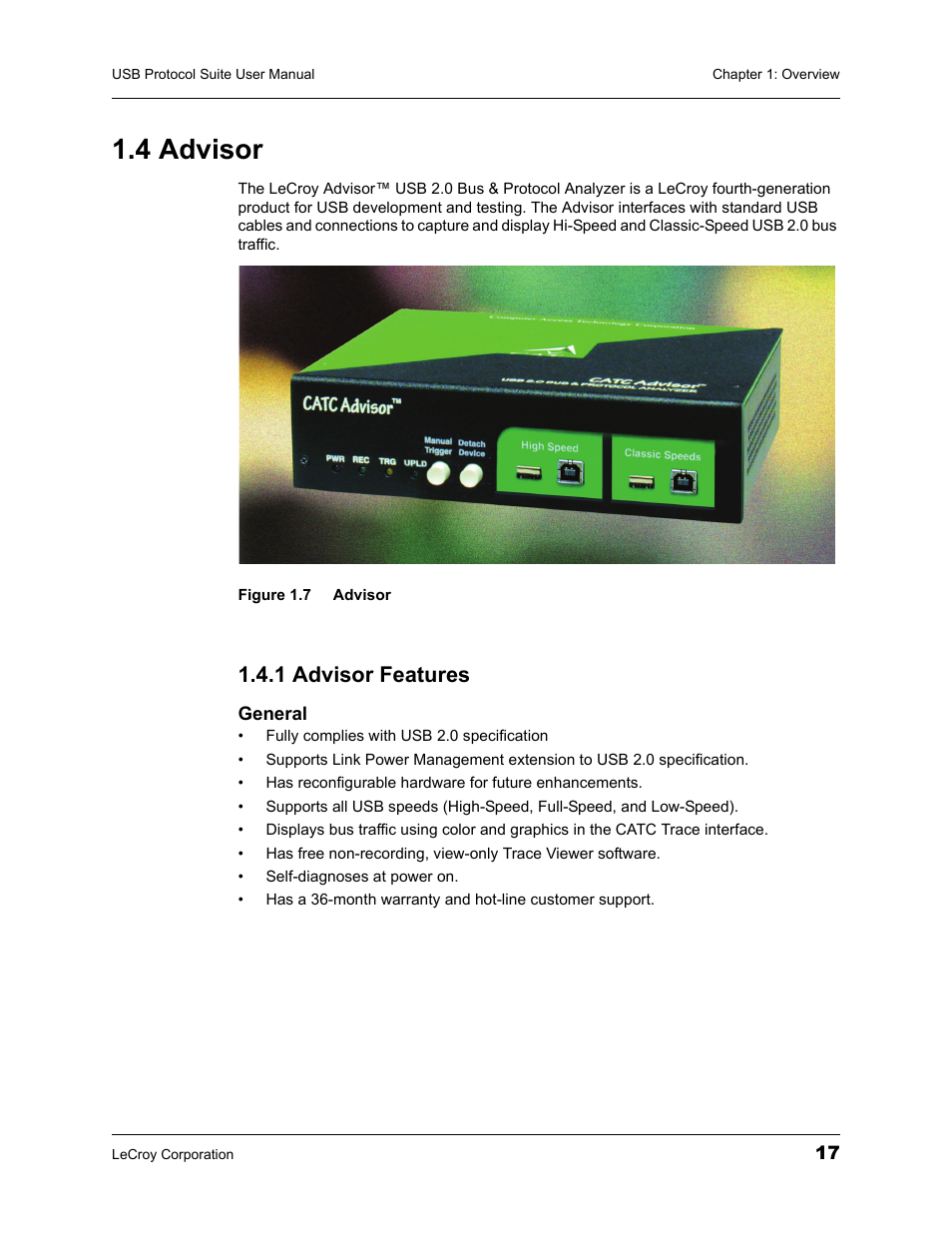 4 advisor, 1 advisor features | Teledyne LeCroy USBTracer_Trainer - Users Manual User Manual | Page 31 / 388