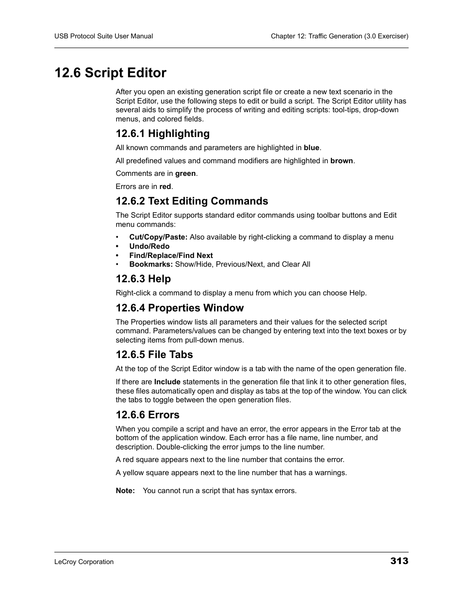 6 script editor, 1 highlighting, 2 text editing commands | 3 help, 4 properties window, 5 file tabs, 6 errors | Teledyne LeCroy USBTracer_Trainer - Users Manual User Manual | Page 327 / 388
