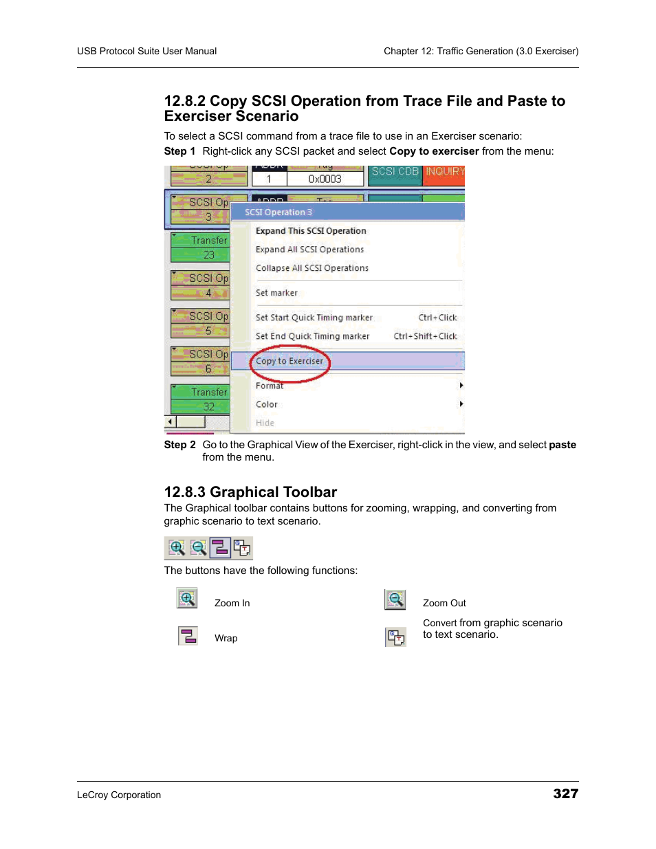 3 graphical toolbar, 2 copy scsi operation from trace file and paste to, Exerciser scenario | Teledyne LeCroy USBTracer_Trainer - Users Manual User Manual | Page 341 / 388