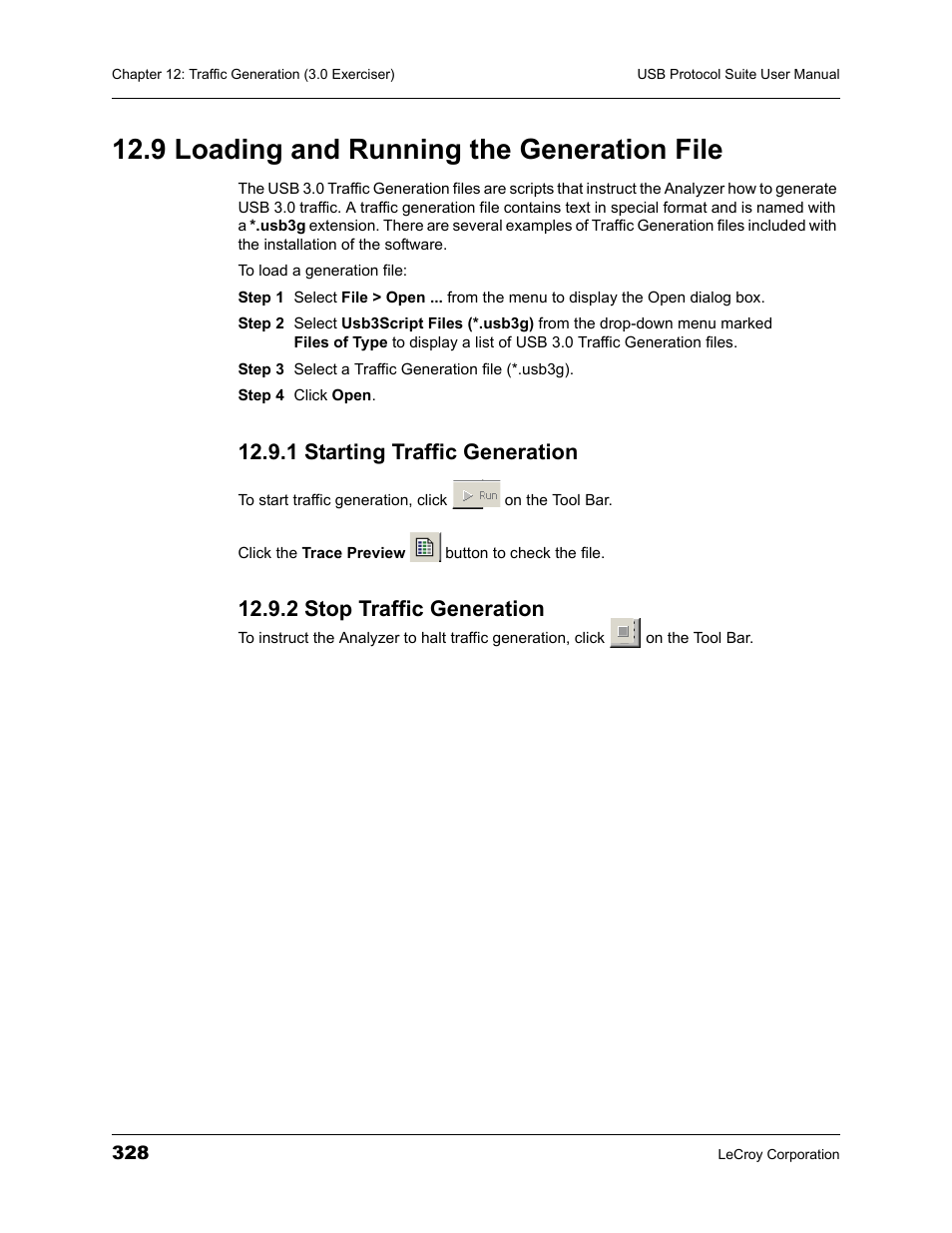 9 loading and running the generation file, 1 starting traffic generation, 2 stop traffic generation | Teledyne LeCroy USBTracer_Trainer - Users Manual User Manual | Page 342 / 388