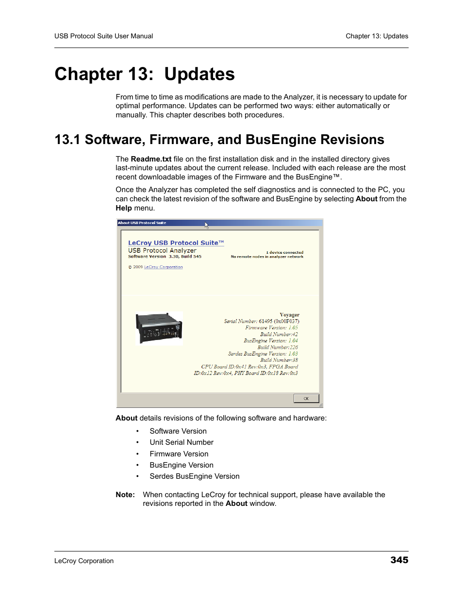 Chapter 13: updates, 1 software, firmware, and busengine revisions, Chapter 13 updates | Teledyne LeCroy USBTracer_Trainer - Users Manual User Manual | Page 359 / 388