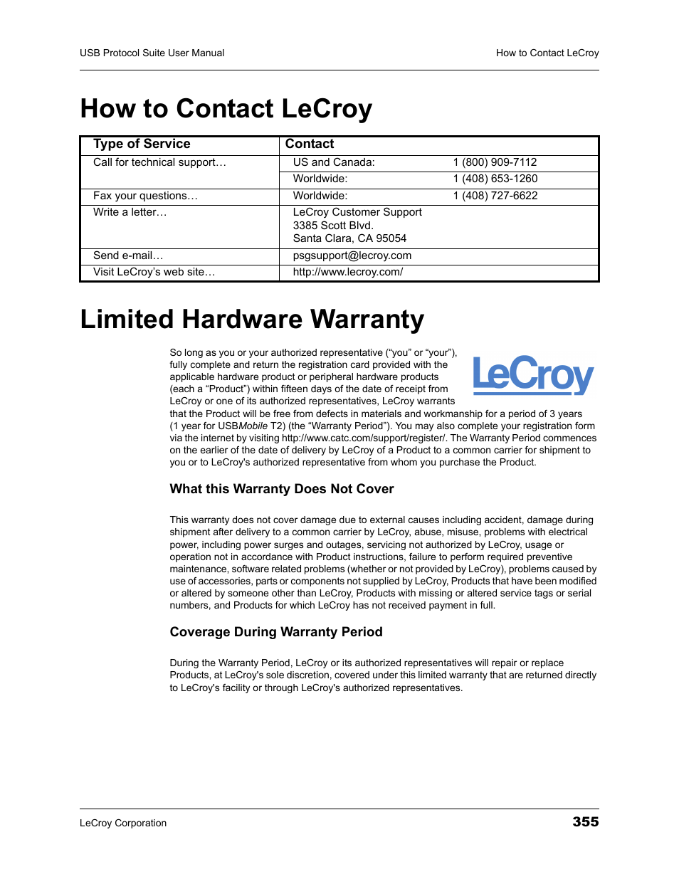 How to contact lecroy, Limited hardware warranty, How to contact lecroy limited hardware warranty | Teledyne LeCroy USBTracer_Trainer - Users Manual User Manual | Page 369 / 388
