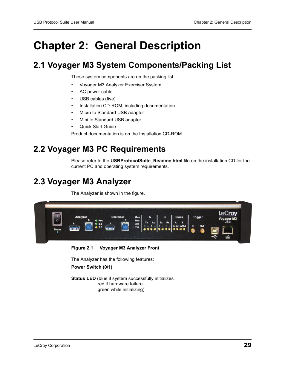 Chapter 2: general description, 1 voyager m3 system components/packing list, 2 voyager m3 pc requirements | 3 voyager m3 analyzer, Chapter 2 general description | Teledyne LeCroy USBTracer_Trainer - Users Manual User Manual | Page 43 / 388