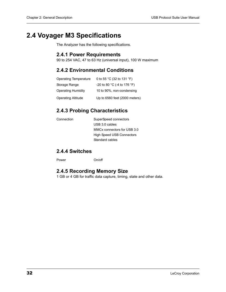 4 voyager m3 specifications, 1 power requirements, 2 environmental conditions | 3 probing characteristics, 4 switches, 5 recording memory size | Teledyne LeCroy USBTracer_Trainer - Users Manual User Manual | Page 46 / 388