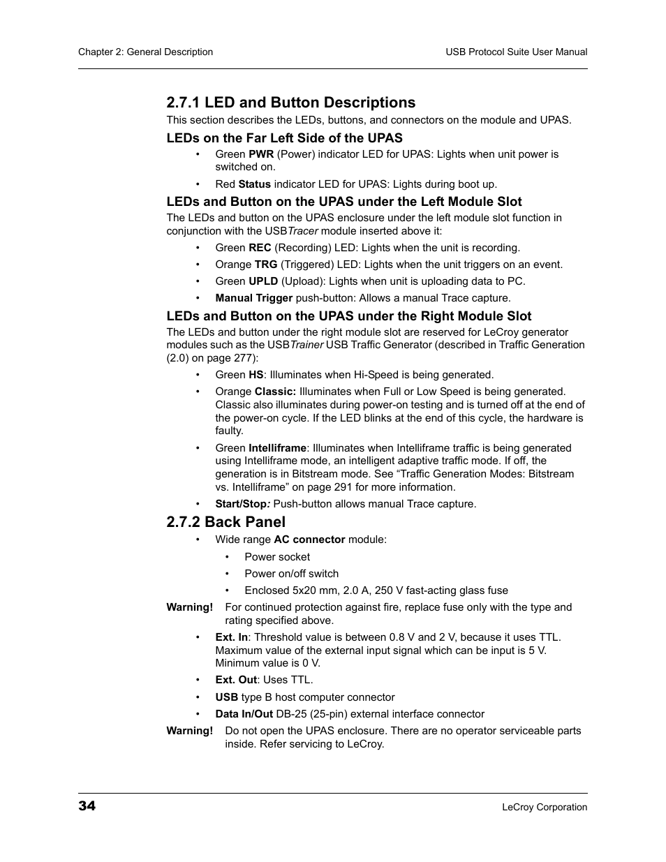 1 led and button descriptions, 2 back panel, 1 led and button descriptions 2.7.2 back panel | Teledyne LeCroy USBTracer_Trainer - Users Manual User Manual | Page 48 / 388