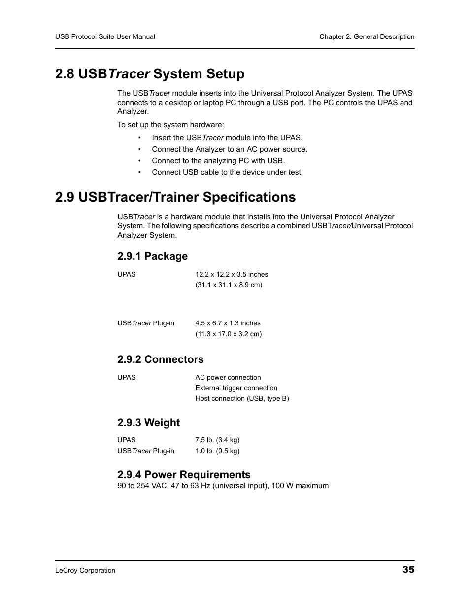 8 usbtracer system setup, 9 usbtracer/trainer specifications, 1 package | 2 connectors, 3 weight, 4 power requirements, 8 usb tracer system setup | Teledyne LeCroy USBTracer_Trainer - Users Manual User Manual | Page 49 / 388