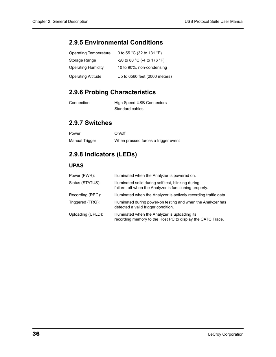 5 environmental conditions, 6 probing characteristics, 7 switches | 8 indicators (leds) | Teledyne LeCroy USBTracer_Trainer - Users Manual User Manual | Page 50 / 388