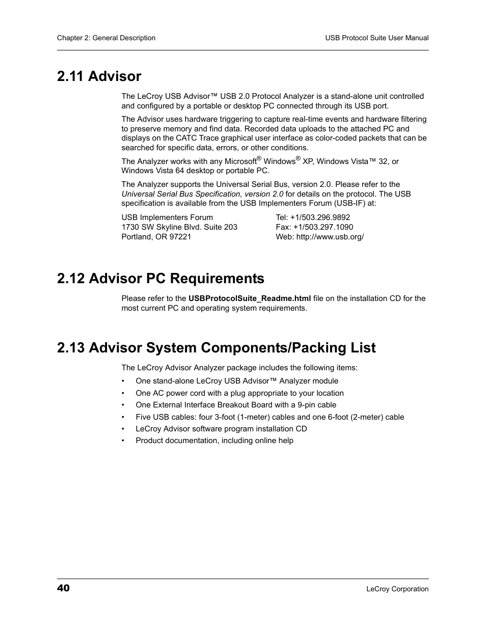11 advisor, 12 advisor pc requirements, 13 advisor system components/packing list | Teledyne LeCroy USBTracer_Trainer - Users Manual User Manual | Page 54 / 388