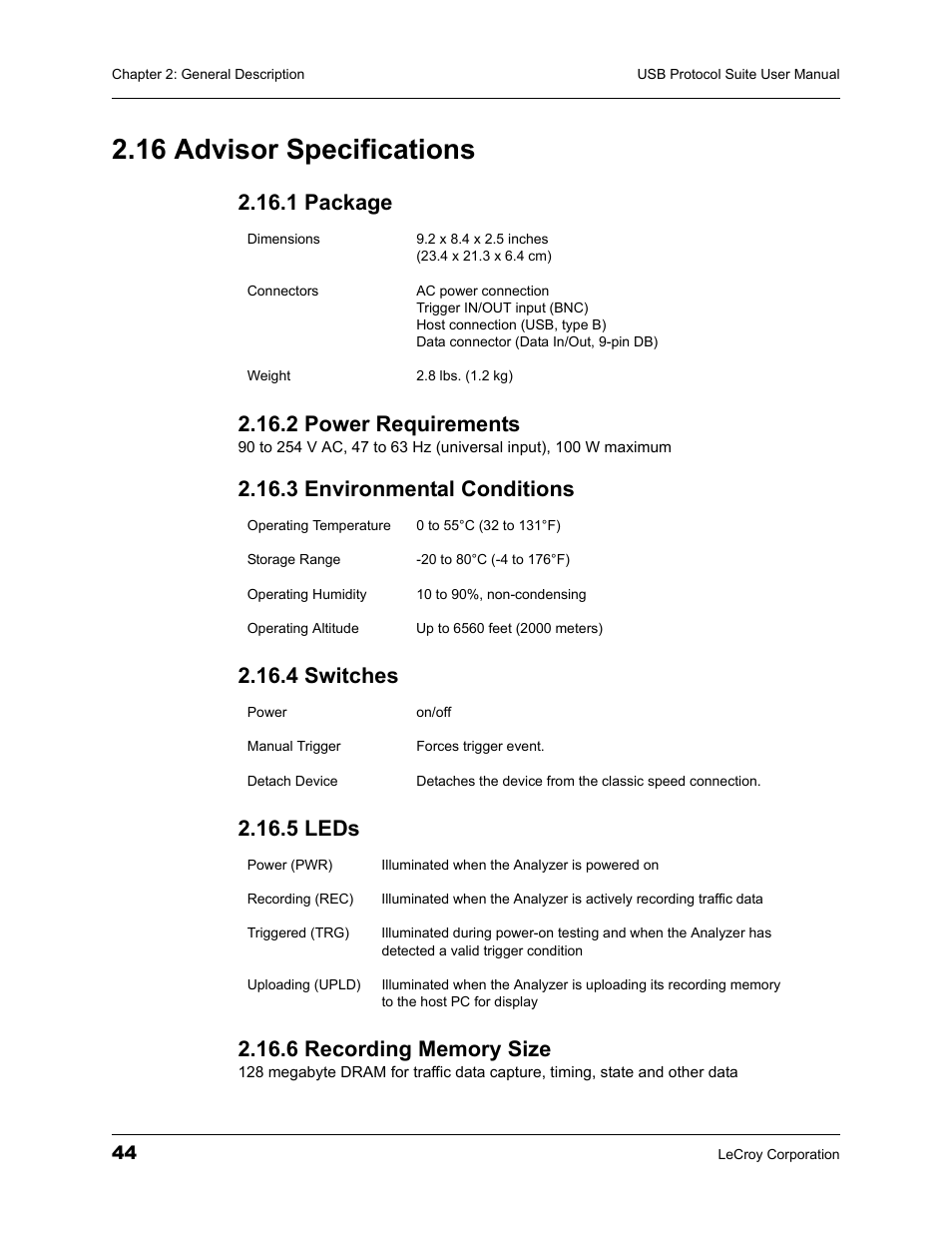 16 advisor specifications, 1 package, 2 power requirements | 3 environmental conditions, 4 switches, 5 leds, 6 recording memory size | Teledyne LeCroy USBTracer_Trainer - Users Manual User Manual | Page 58 / 388
