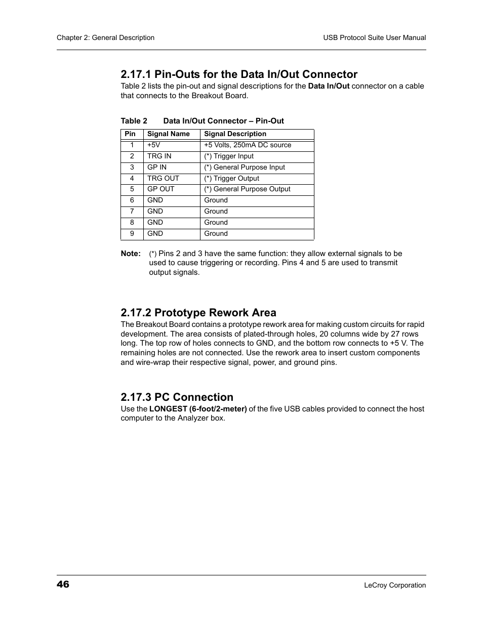 1 pin-outs for the data in/out connector, 2 prototype rework area, 3 pc connection | Teledyne LeCroy USBTracer_Trainer - Users Manual User Manual | Page 60 / 388