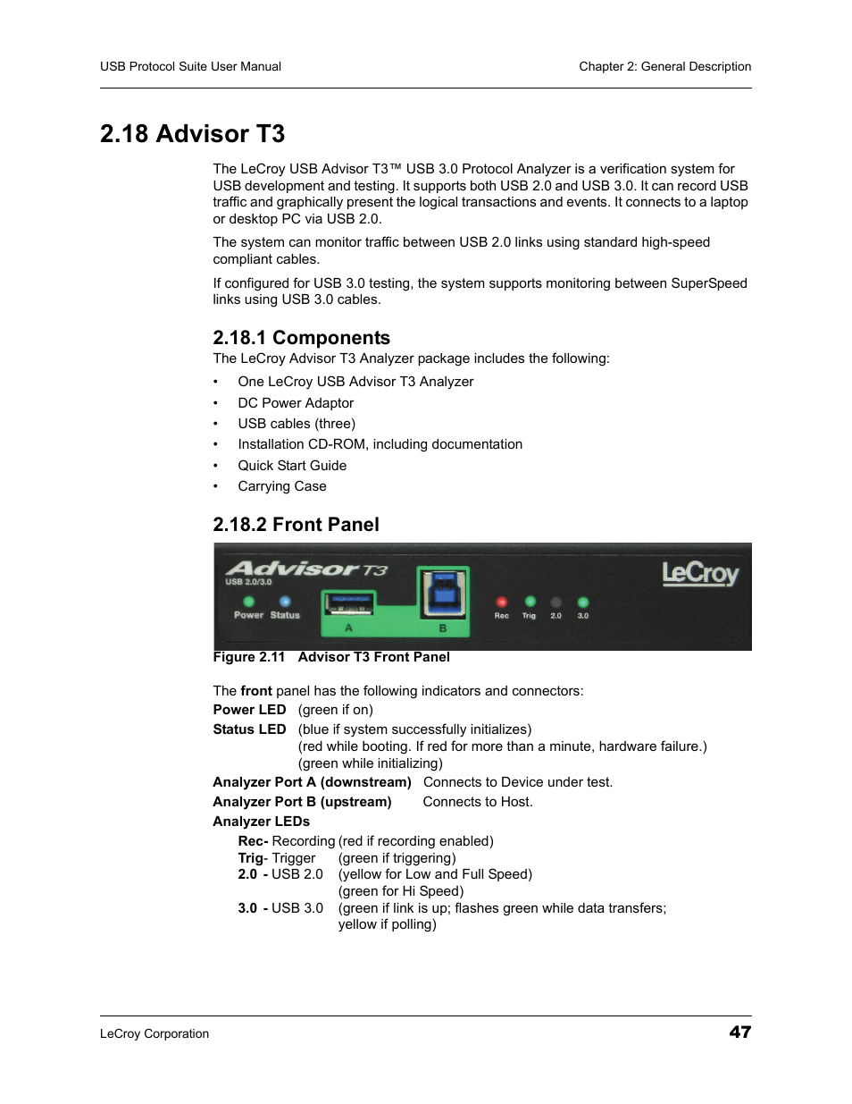 18 advisor t3, 1 components, 2 front panel | 1 components 2.18.2 front panel | Teledyne LeCroy USBTracer_Trainer - Users Manual User Manual | Page 61 / 388