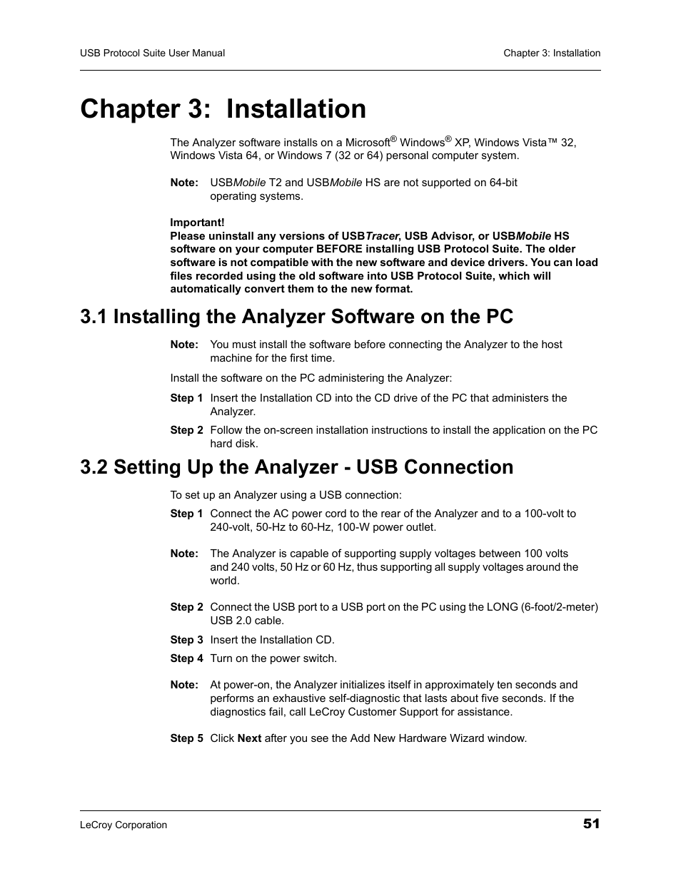 Chapter 3: installation, 1 installing the analyzer software on the pc, 2 setting up the analyzer - usb connection | Chapter 3 installation | Teledyne LeCroy USBTracer_Trainer - Users Manual User Manual | Page 65 / 388