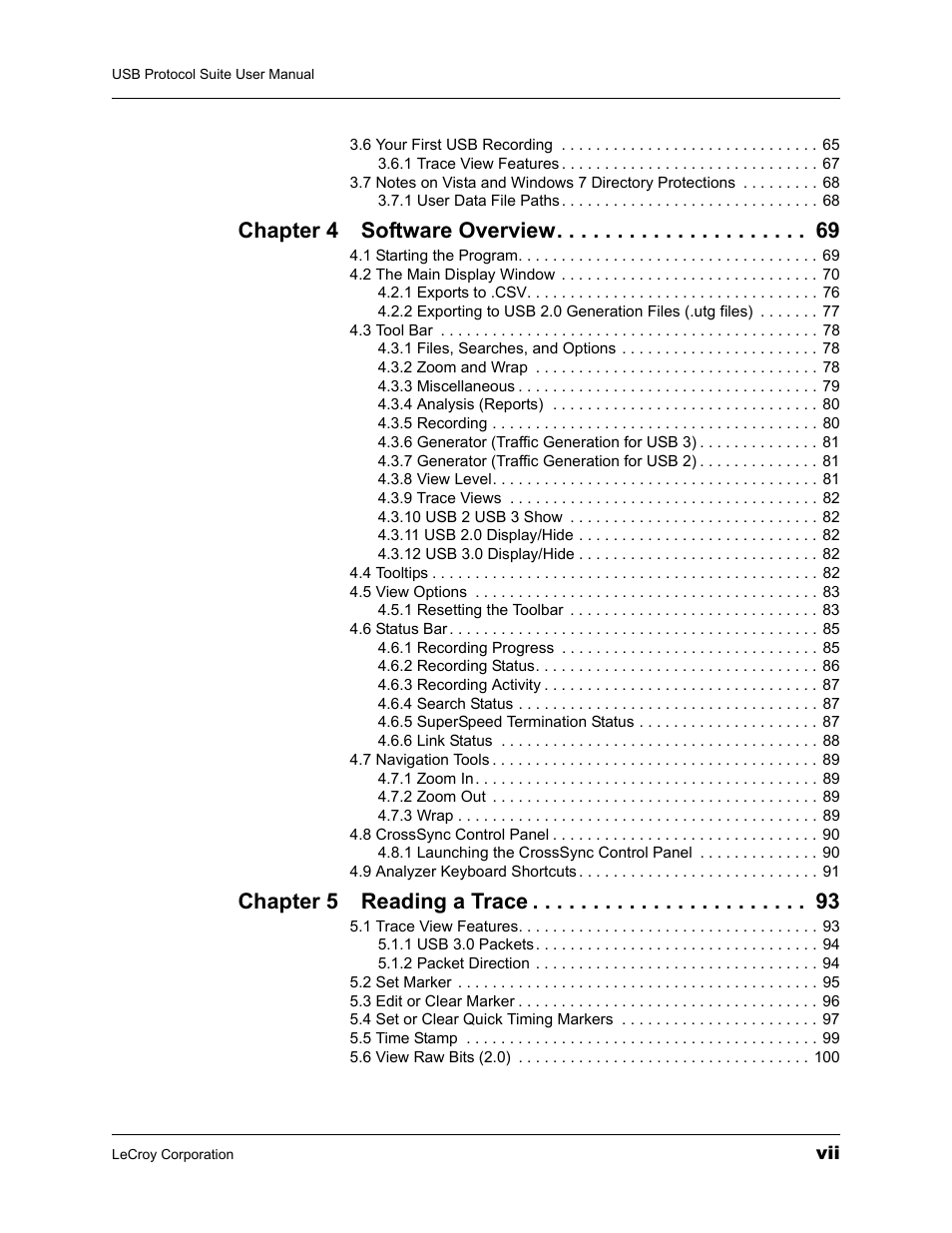 Chapter 4 software overview, Chapter 5 reading a trace | Teledyne LeCroy USBTracer_Trainer - Users Manual User Manual | Page 7 / 388
