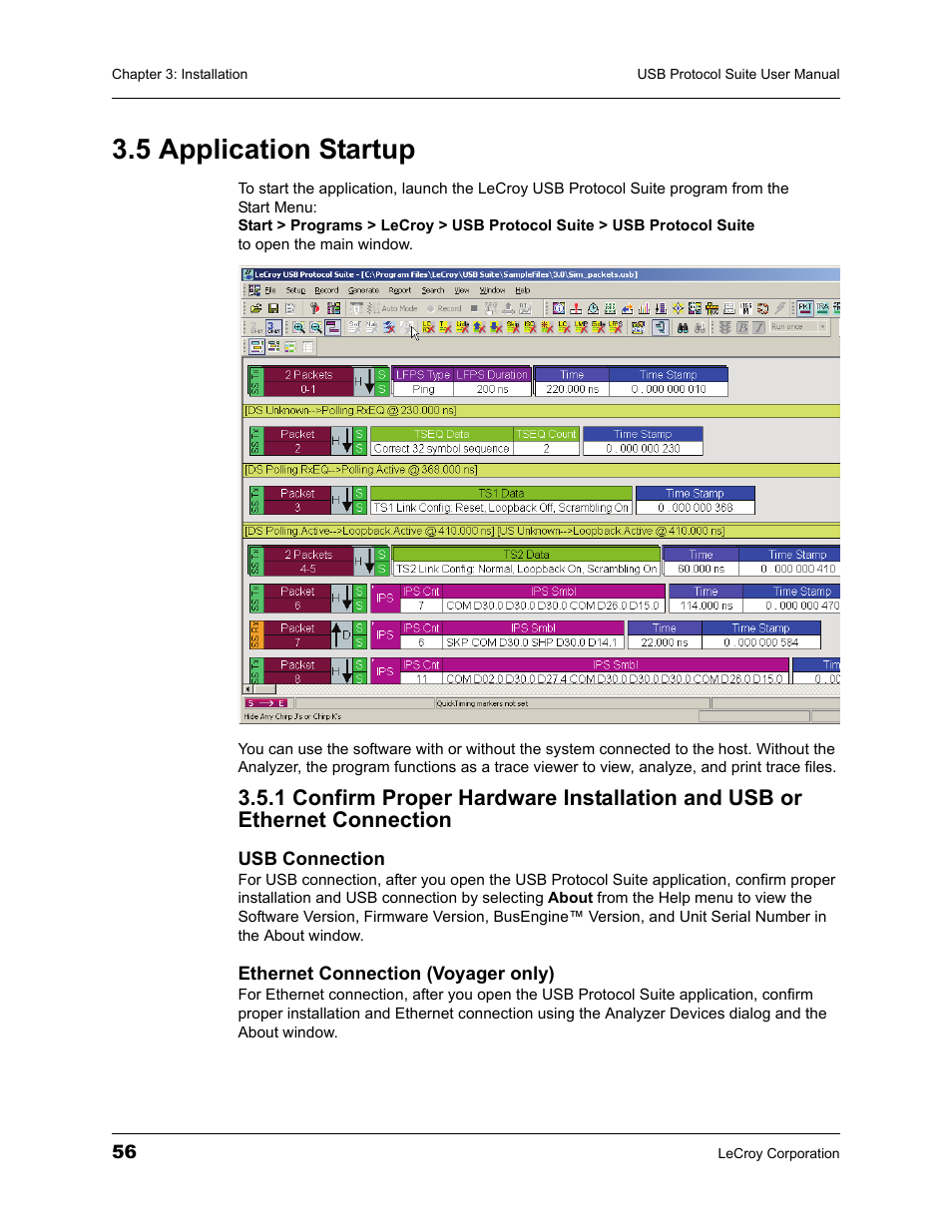 5 application startup, 1 confirm proper hardware installation and usb or, Ethernet connection | Application | Teledyne LeCroy USBTracer_Trainer - Users Manual User Manual | Page 70 / 388