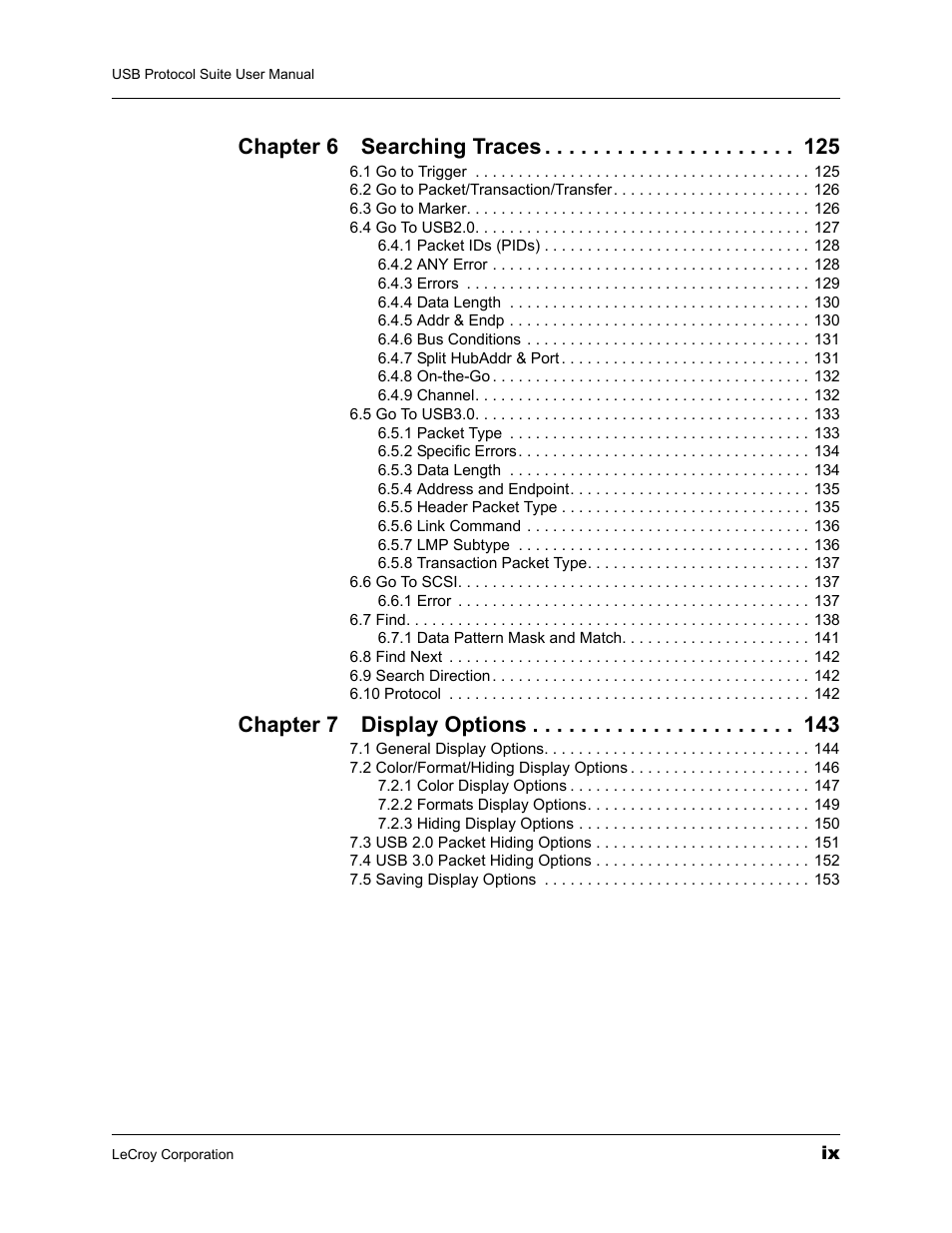 Chapter 6 searching traces, Chapter 7 display options | Teledyne LeCroy USBTracer_Trainer - Users Manual User Manual | Page 9 / 388