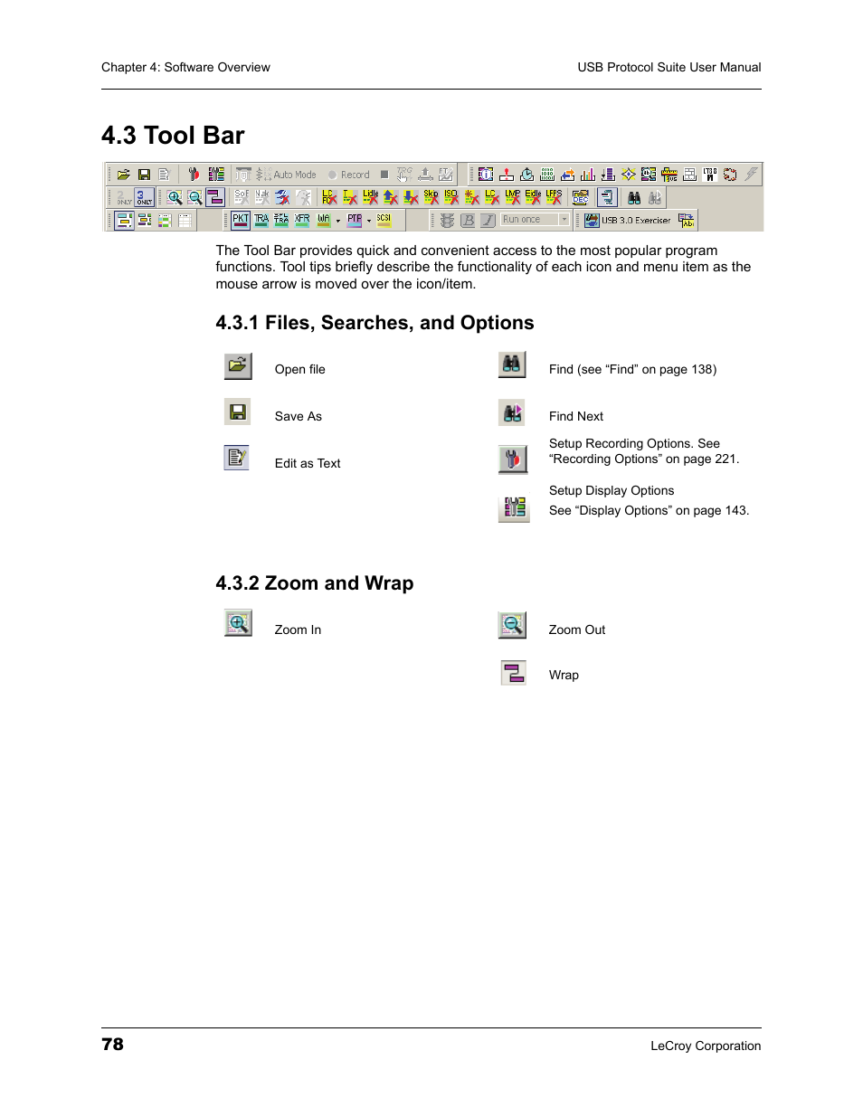 3 tool bar, 1 files, searches, and options, 2 zoom and wrap | 1 files, searches, and options 4.3.2 zoom and wrap | Teledyne LeCroy USBTracer_Trainer - Users Manual User Manual | Page 92 / 388