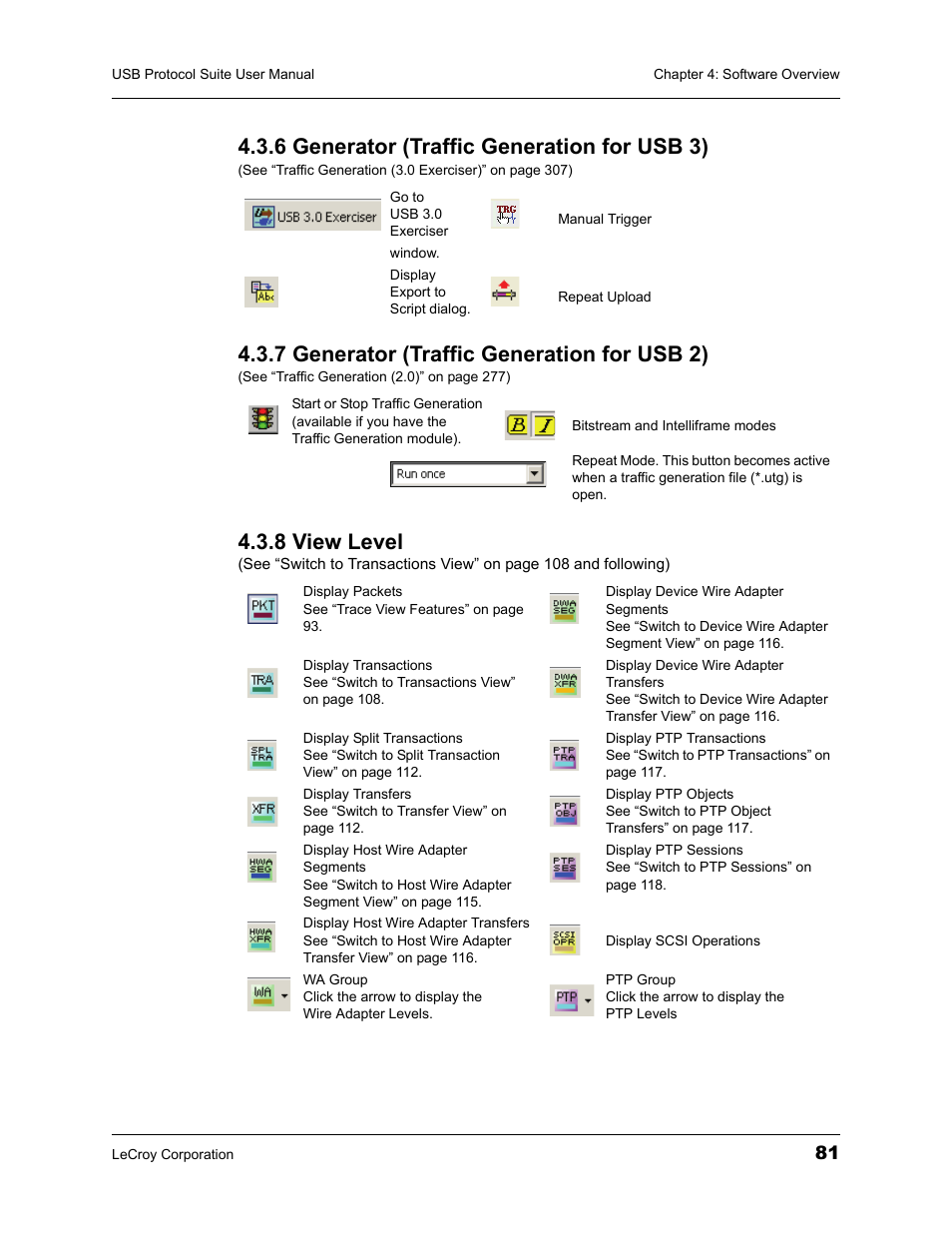 6 generator (traffic generation for usb 3), 7 generator (traffic generation for usb 2), 8 view level | Teledyne LeCroy USBTracer_Trainer - Users Manual User Manual | Page 95 / 388