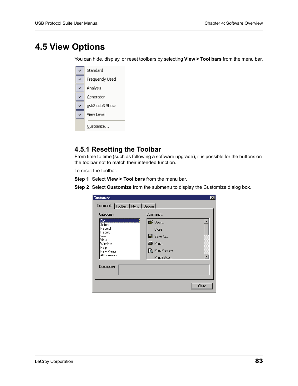 5 view options, 1 resetting the toolbar | Teledyne LeCroy USBTracer_Trainer - Users Manual User Manual | Page 97 / 388