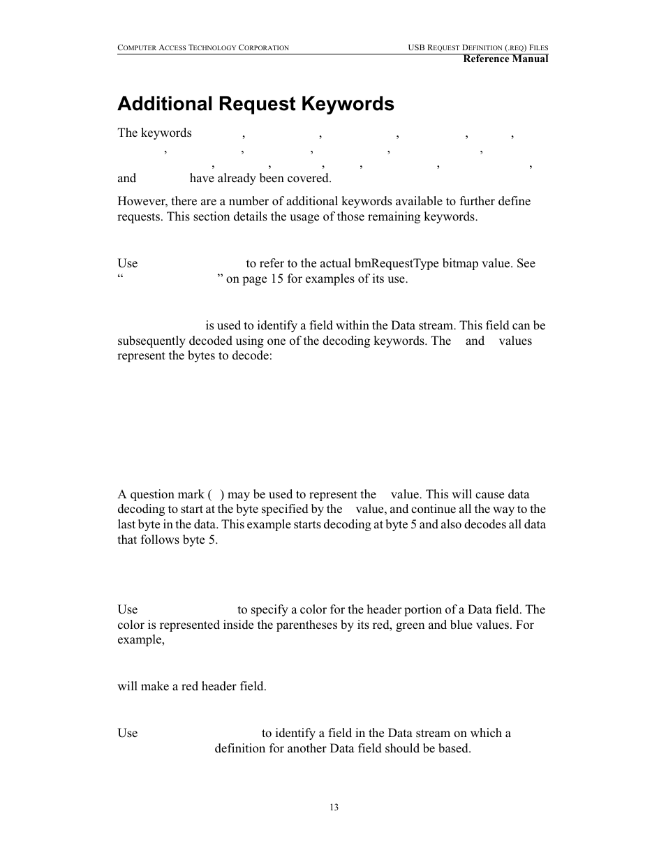 Additional request keywords, Bmrequesttype, Bytes(x, y) | Color(r,g,b), Databytes(x, y) | Teledyne LeCroy USB Chief - File Based Decode Manual User Manual | Page 17 / 36