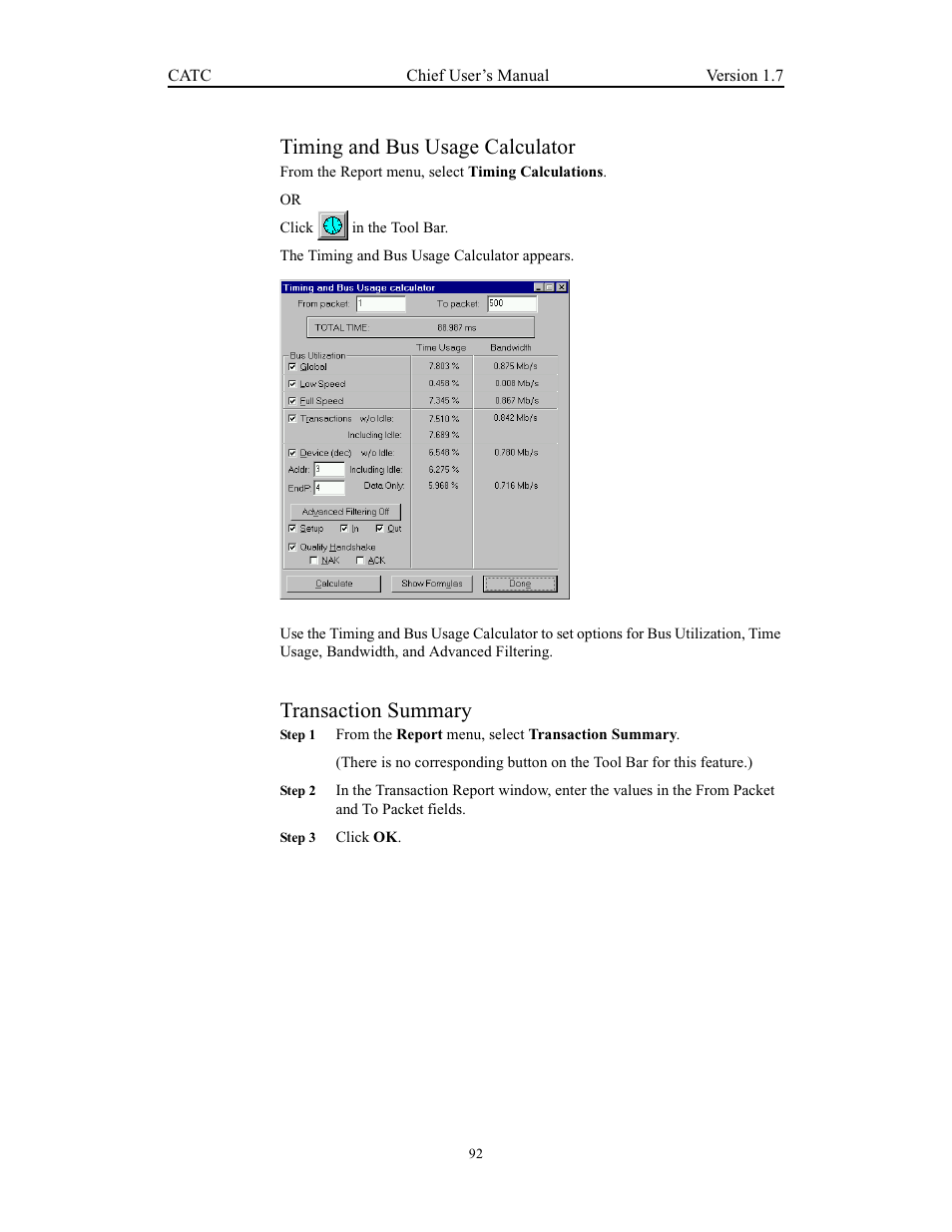 Timing and bus usage calculator, Transaction summary | Teledyne LeCroy USB Chief - Users Manual User Manual | Page 100 / 133