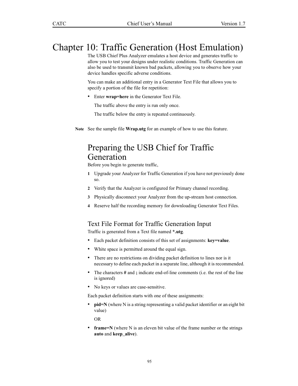 Chapter 10: traffic generation (host emulation), Preparing the usb chief for traffic generation, Text file format for traffic generation input | Teledyne LeCroy USB Chief - Users Manual User Manual | Page 103 / 133