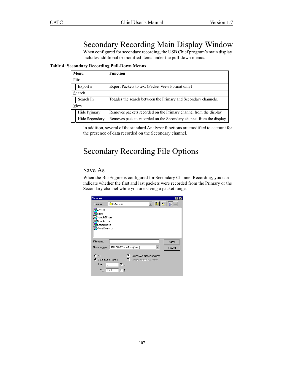 Secondary recording main display window, Secondary recording file options, Save as | Teledyne LeCroy USB Chief - Users Manual User Manual | Page 115 / 133