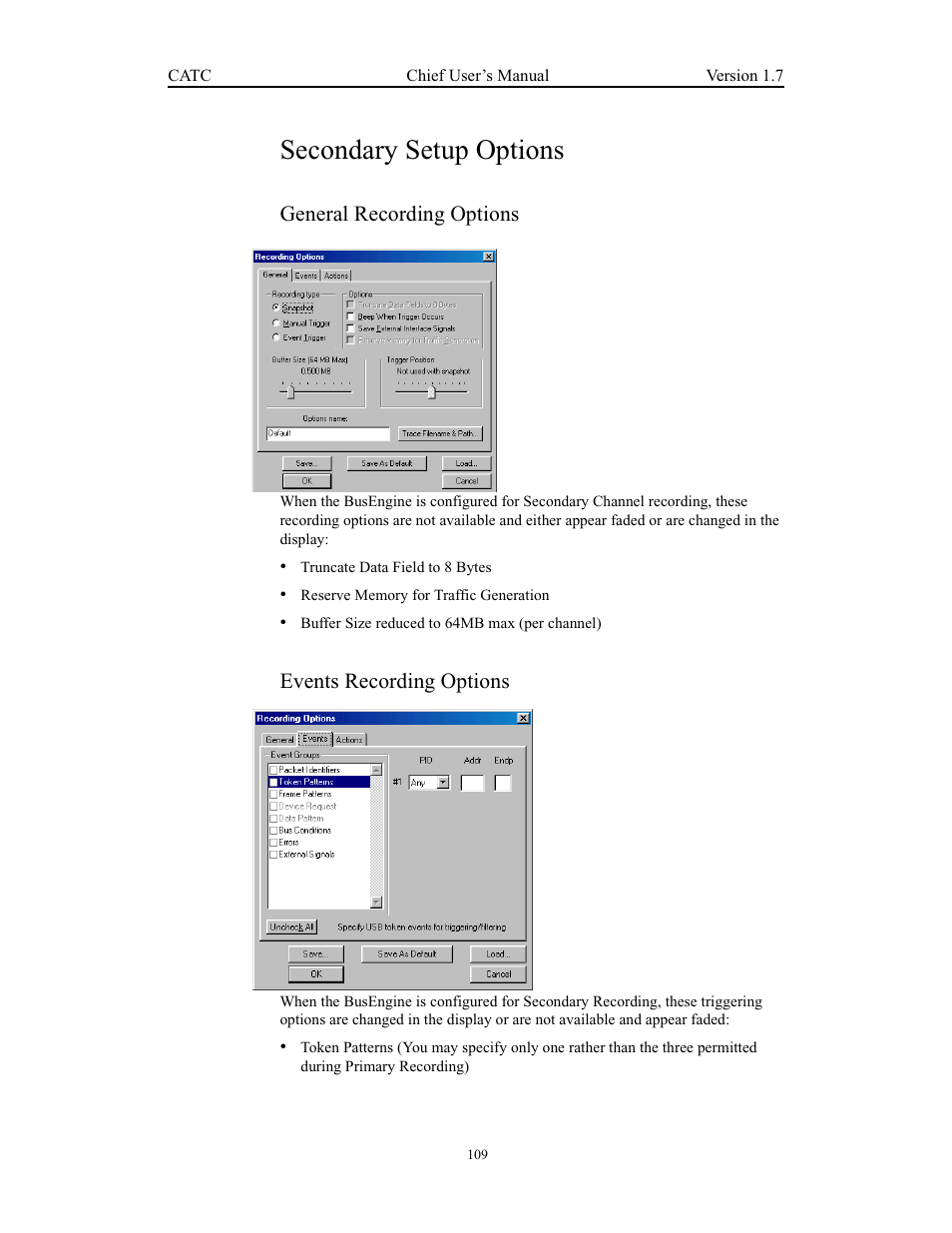 Secondary setup options, General recording options, Events recording options | General recording options events recording options | Teledyne LeCroy USB Chief - Users Manual User Manual | Page 117 / 133