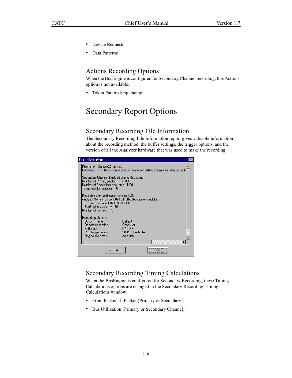 Actions recording options, Secondary report options, Secondary recording file information | Secondary recording timing calculations | Teledyne LeCroy USB Chief - Users Manual User Manual | Page 118 / 133