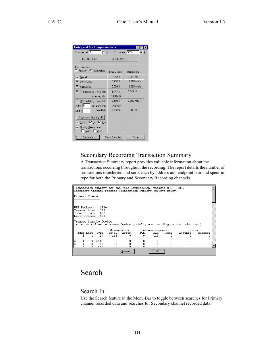 Secondary recording transaction summary, Search, Search in | Teledyne LeCroy USB Chief - Users Manual User Manual | Page 119 / 133