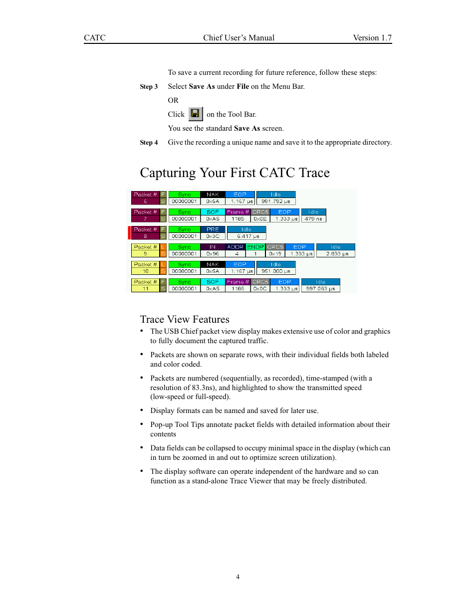 Capturing your first catc trace, Trace view features | Teledyne LeCroy USB Chief - Users Manual User Manual | Page 12 / 133