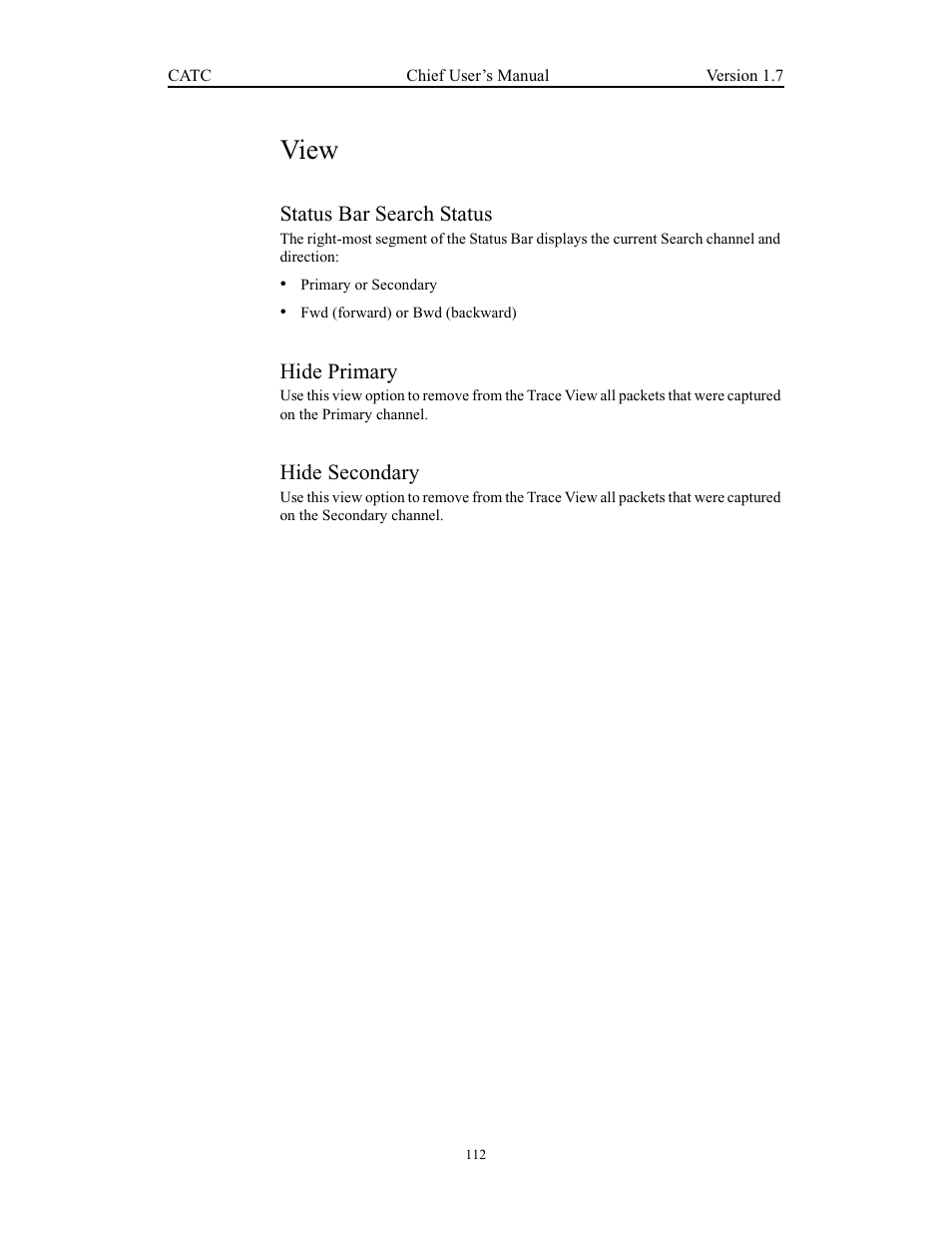 View, Status bar search status, Hide primary | Hide secondary | Teledyne LeCroy USB Chief - Users Manual User Manual | Page 120 / 133