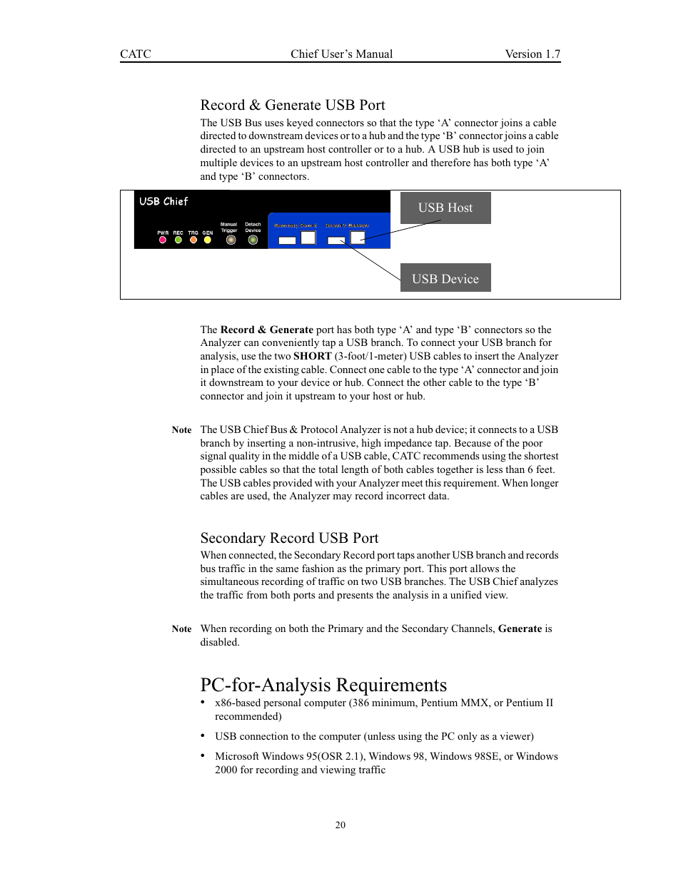 Record & generate usb port, Secondary record usb port, Pc-for-analysis requirements | Teledyne LeCroy USB Chief - Users Manual User Manual | Page 28 / 133