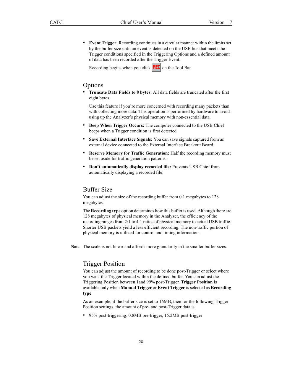 Options, Buffer size, Trigger position | Options buffer size trigger position | Teledyne LeCroy USB Chief - Users Manual User Manual | Page 36 / 133