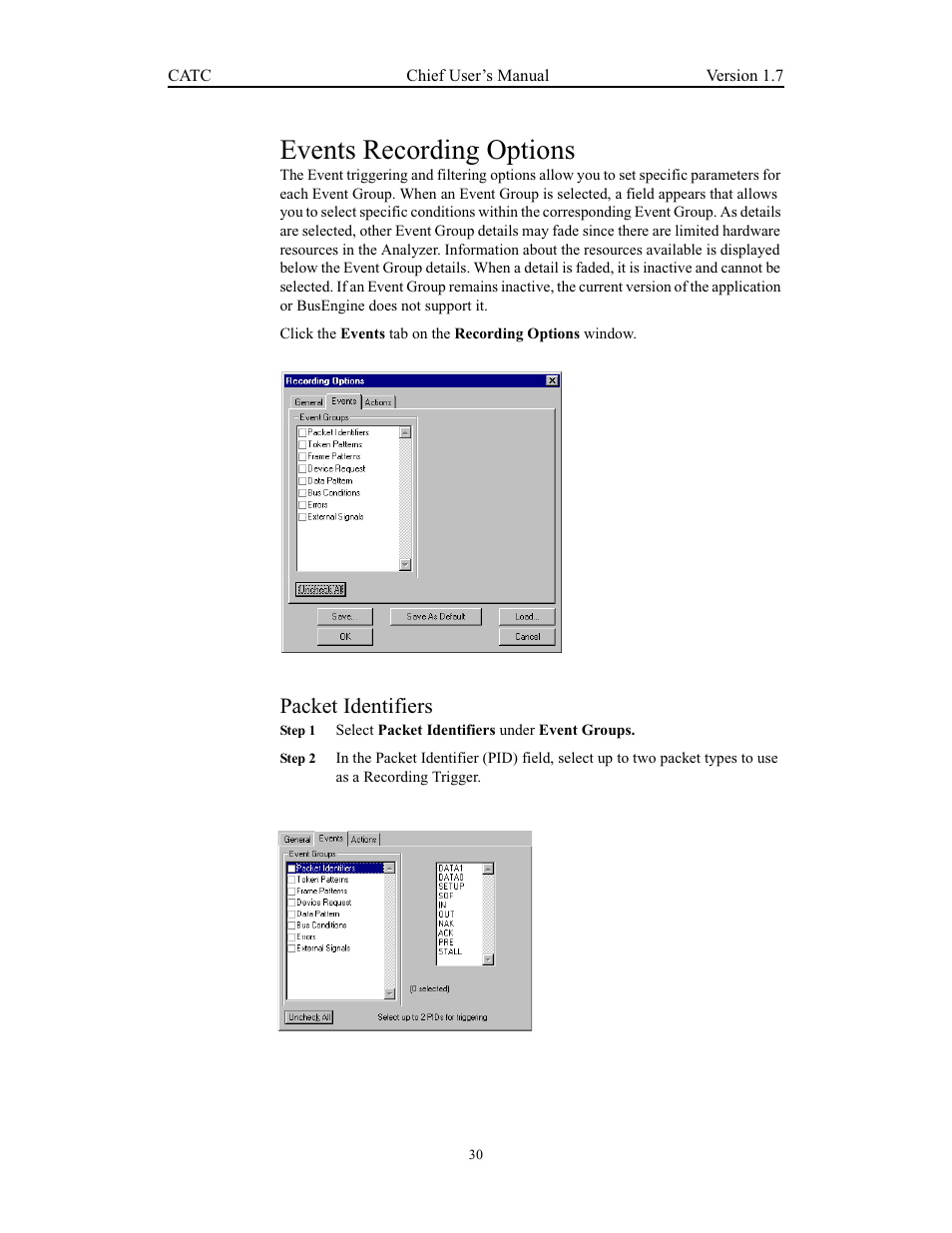 Events recording options, Packet identifiers | Teledyne LeCroy USB Chief - Users Manual User Manual | Page 38 / 133