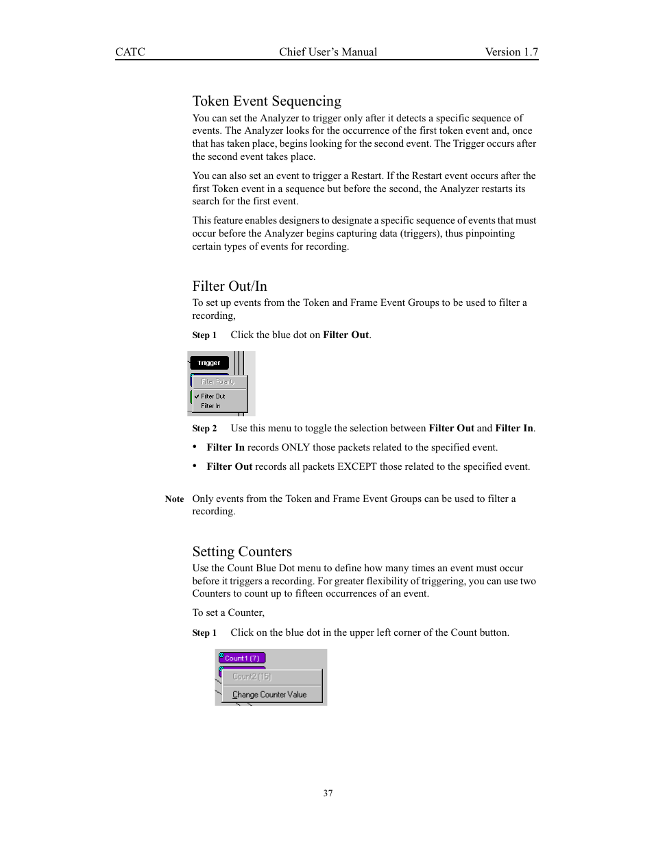 Token event sequencing, Filter out/in, Setting counters | Teledyne LeCroy USB Chief - Users Manual User Manual | Page 45 / 133