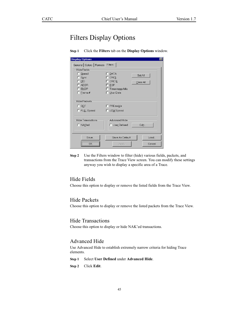 Filters display options, Hide fields, Hide packets | Hide transactions, Advanced hide | Teledyne LeCroy USB Chief - Users Manual User Manual | Page 53 / 133