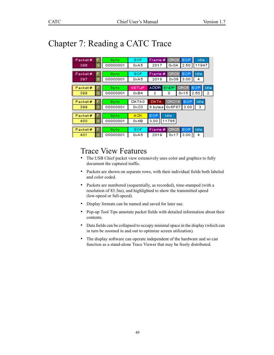 Chapter 7: reading a catc trace, Trace view features | Teledyne LeCroy USB Chief - Users Manual User Manual | Page 57 / 133