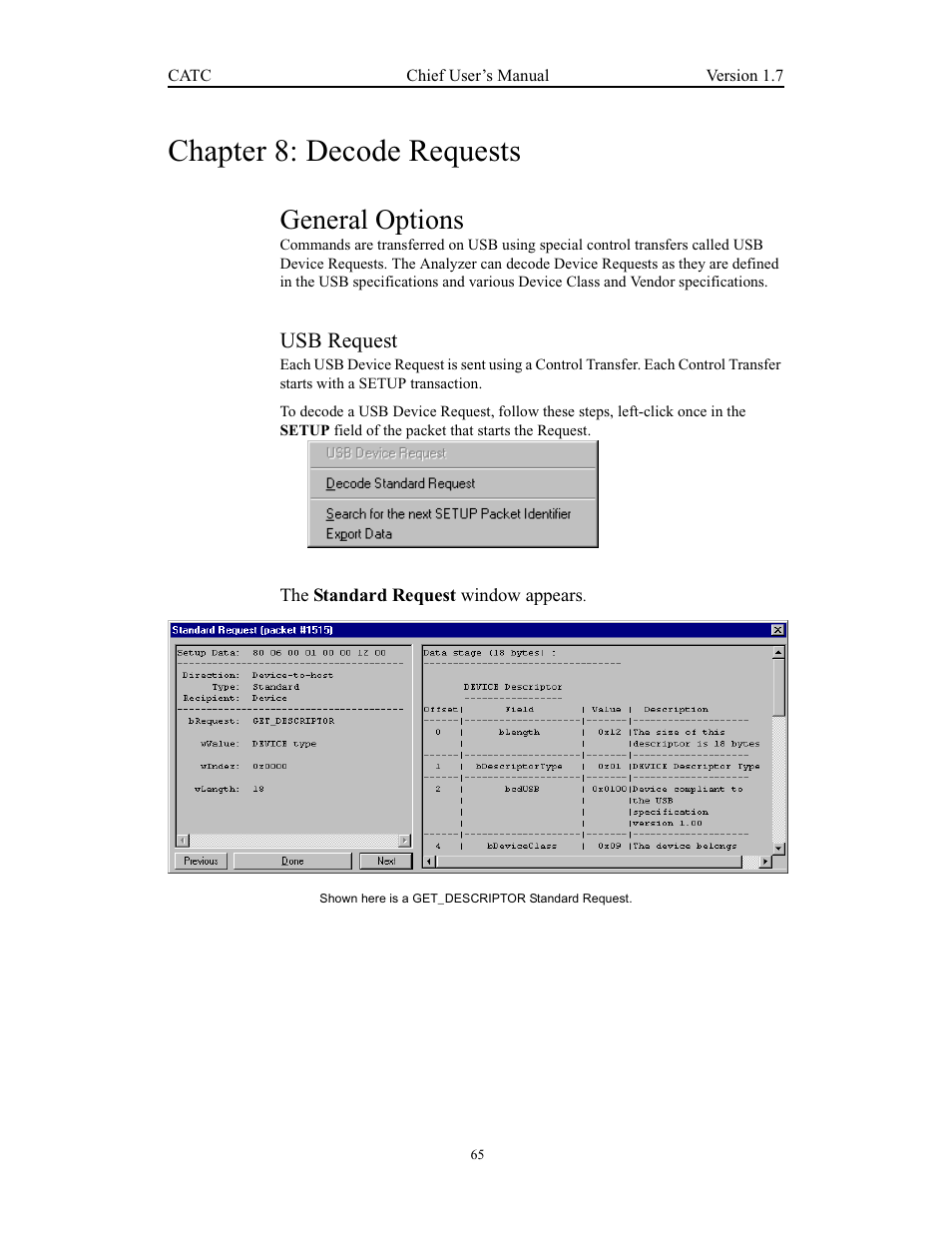 Chapter 8: decode requests, General options, Usb request | Teledyne LeCroy USB Chief - Users Manual User Manual | Page 73 / 133