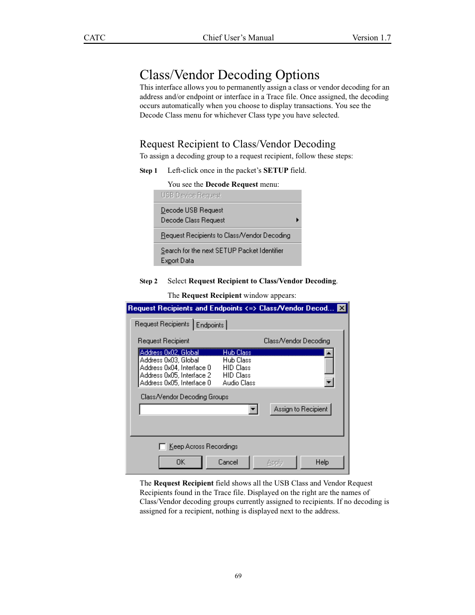 Class/vendor decoding options, Request recipient to class/vendor decoding | Teledyne LeCroy USB Chief - Users Manual User Manual | Page 77 / 133