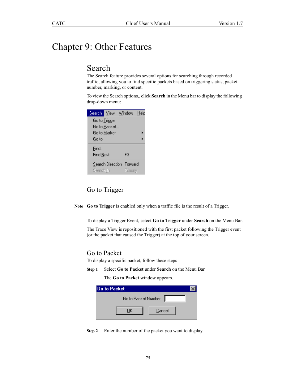 Chapter 9: other features, Search, Go to trigger | Go to packet, Go to trigger go to packet | Teledyne LeCroy USB Chief - Users Manual User Manual | Page 83 / 133