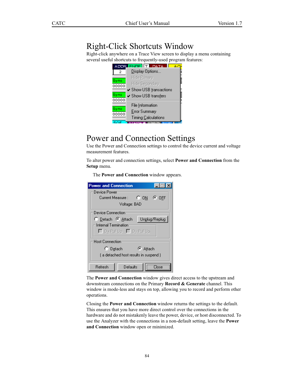 Right-click shortcuts window, Power and connection settings | Teledyne LeCroy USB Chief - Users Manual User Manual | Page 92 / 133