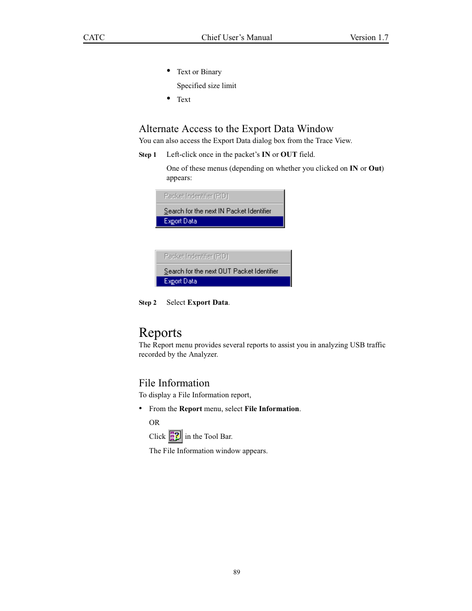 Alternate access to the export data window, Reports, File information | Teledyne LeCroy USB Chief - Users Manual User Manual | Page 97 / 133