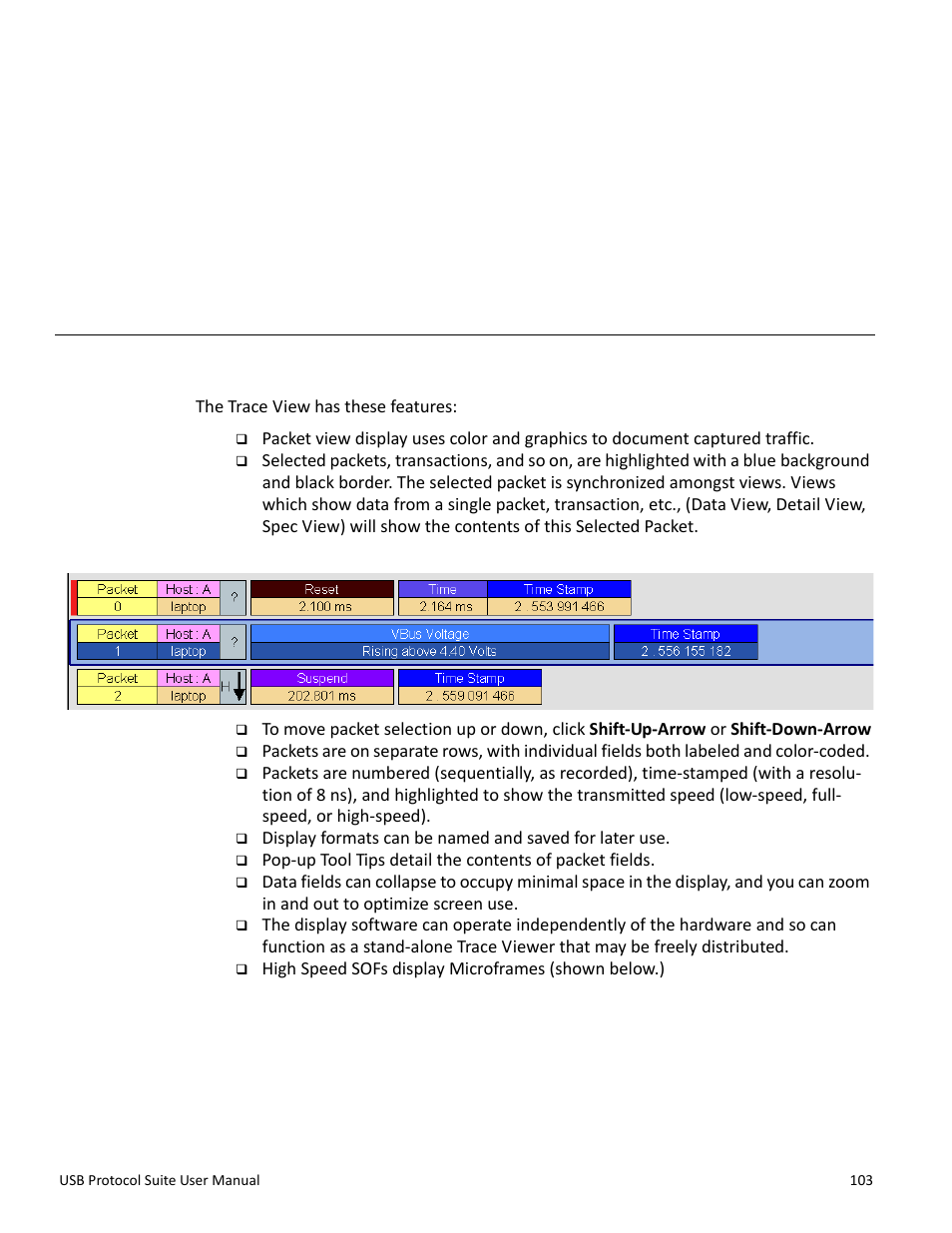 Reading a trace, 1 trace view features, Chapter 5: reading a trace | Trace view features” on, Chapter 5 | Teledyne LeCroy USB Protocol Suite User Manual (Voyager_Advisor T3_Mercury) User Manual | Page 103 / 414