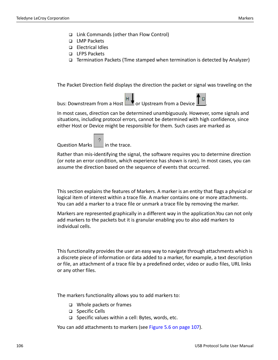 3 packet direction, 2 markers, 1 markers overview | 2 functionality of markers | Teledyne LeCroy USB Protocol Suite User Manual (Voyager_Advisor T3_Mercury) User Manual | Page 106 / 414