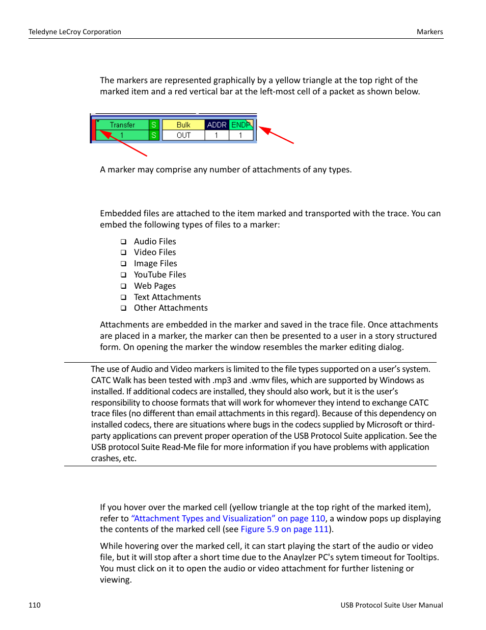 7 attachment types and visualization, 8 embedded attachments to a marker, 9 viewing attachments of a marker | Teledyne LeCroy USB Protocol Suite User Manual (Voyager_Advisor T3_Mercury) User Manual | Page 110 / 414