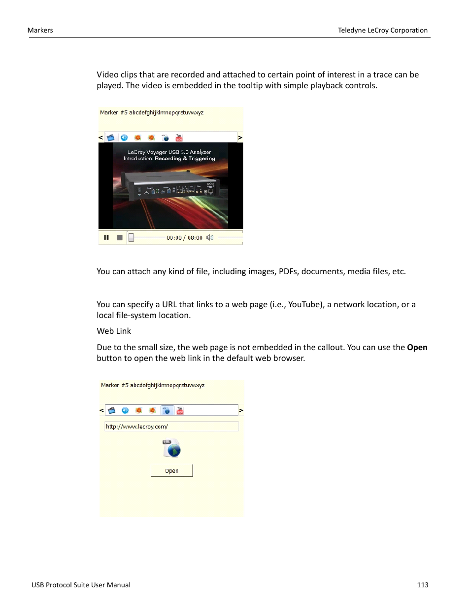 Video, File attachment, Url link | Teledyne LeCroy USB Protocol Suite User Manual (Voyager_Advisor T3_Mercury) User Manual | Page 113 / 414