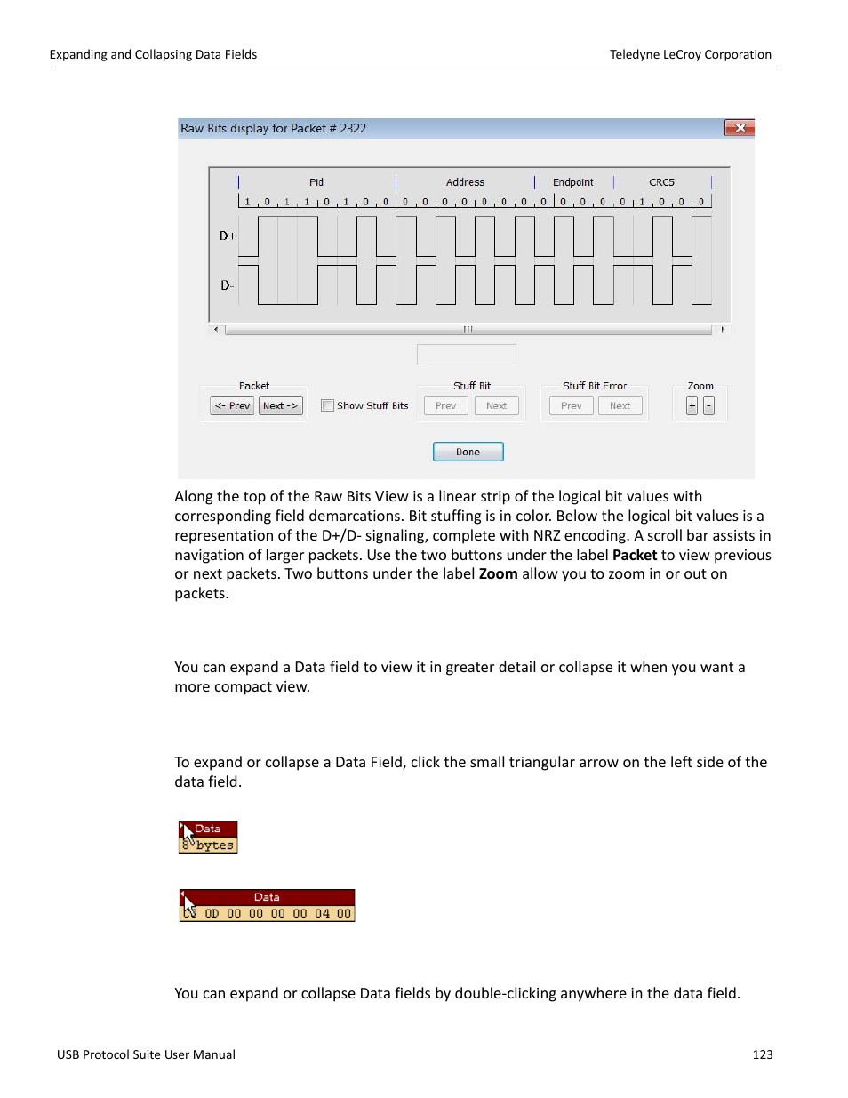 6 expanding and collapsing data fields, 1 using the expand/collapse data field arrows, 2 double-clicking to expand/collapse data fields | Teledyne LeCroy USB Protocol Suite User Manual (Voyager_Advisor T3_Mercury) User Manual | Page 123 / 414
