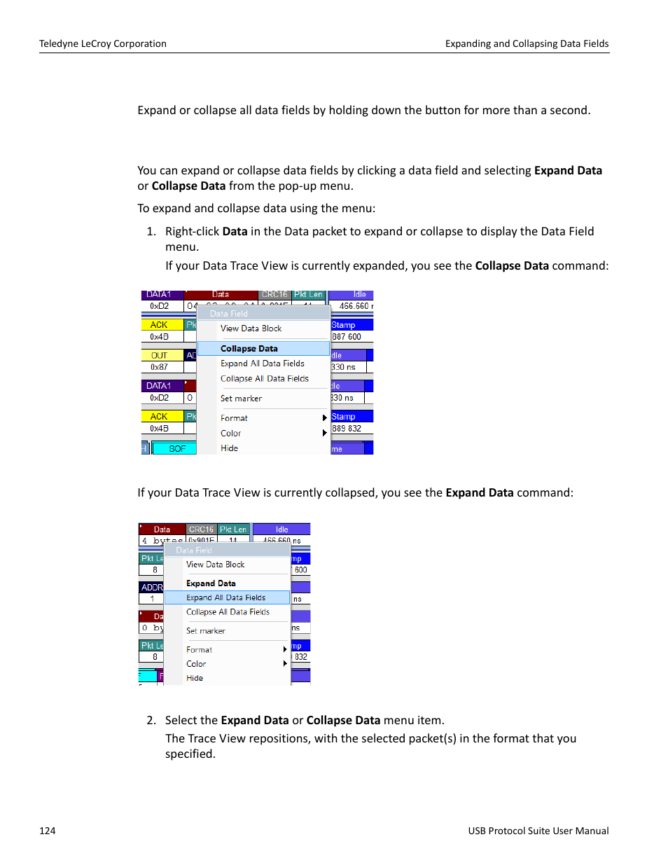 3 expanding or collapsing all data fields, 4 using the data field pop-up menus | Teledyne LeCroy USB Protocol Suite User Manual (Voyager_Advisor T3_Mercury) User Manual | Page 124 / 414