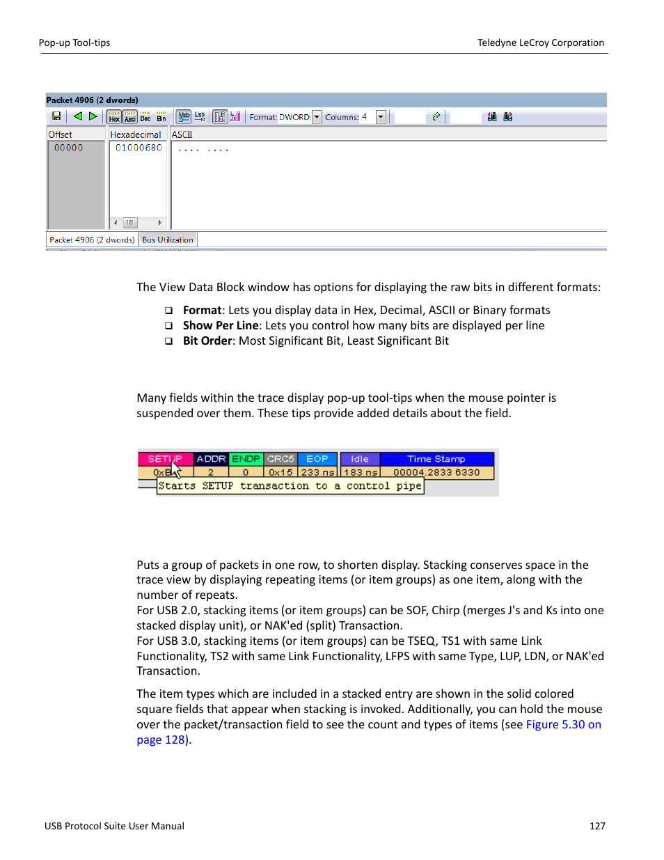 9 pop-up tool-tips, 10 stacking, Stacking | Teledyne LeCroy USB Protocol Suite User Manual (Voyager_Advisor T3_Mercury) User Manual | Page 127 / 414