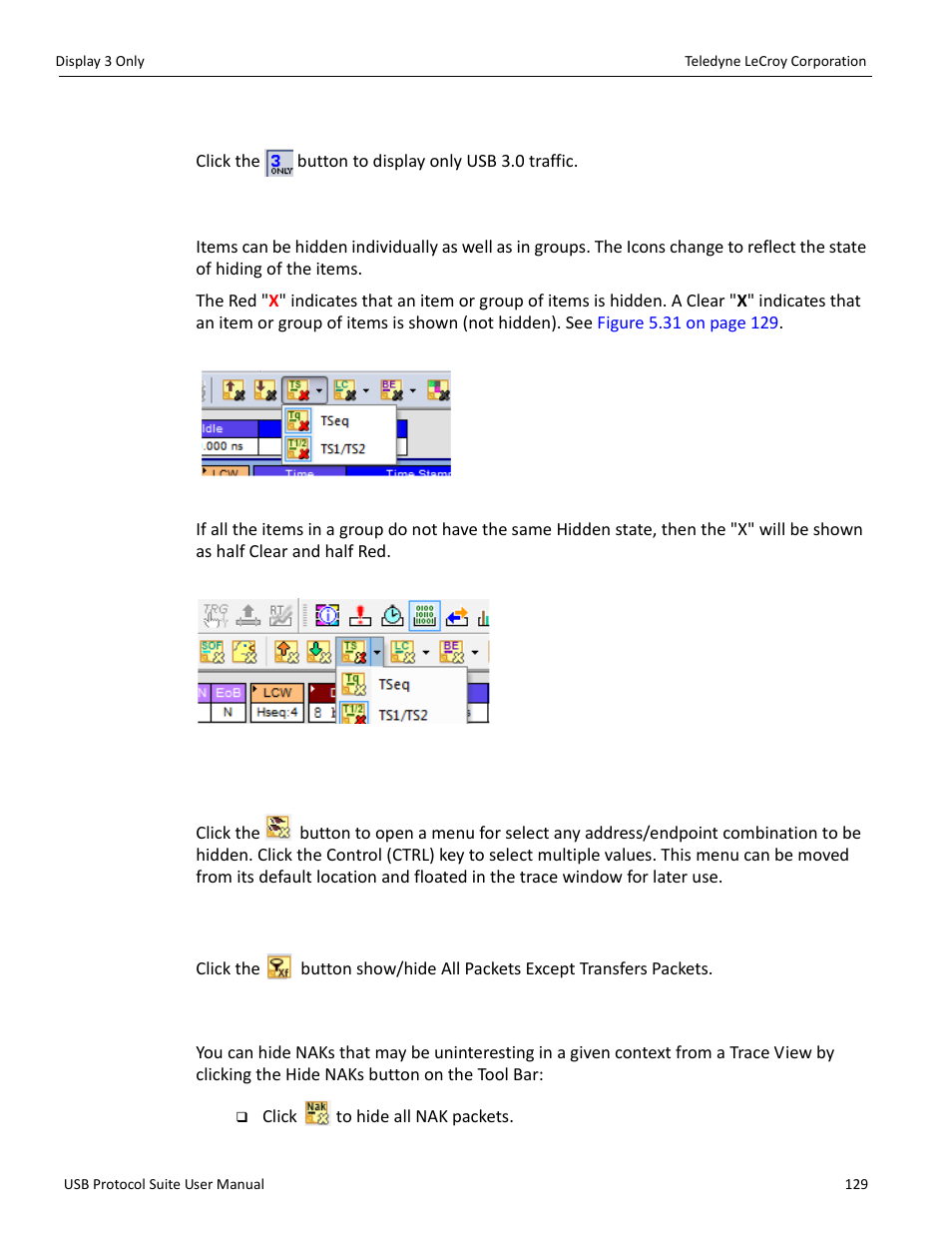 12 display 3 only, 13 hiding items indicators, 14 hide devices | 15 hide all packets except transfers packets, 16 hide naks | Teledyne LeCroy USB Protocol Suite User Manual (Voyager_Advisor T3_Mercury) User Manual | Page 129 / 414